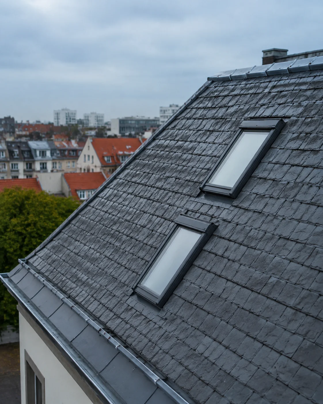 Vorläufiges Bildmotiv einer Schieferdachfläche mit Dachfenstern