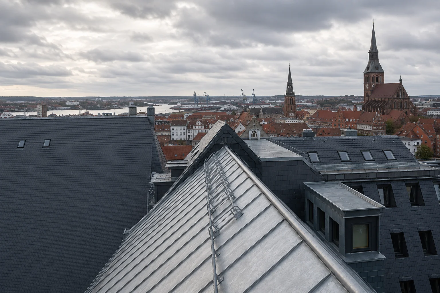 Zink- und Schieferdächer vor Rostocker Altstadt, Warnow und Backsteingotik